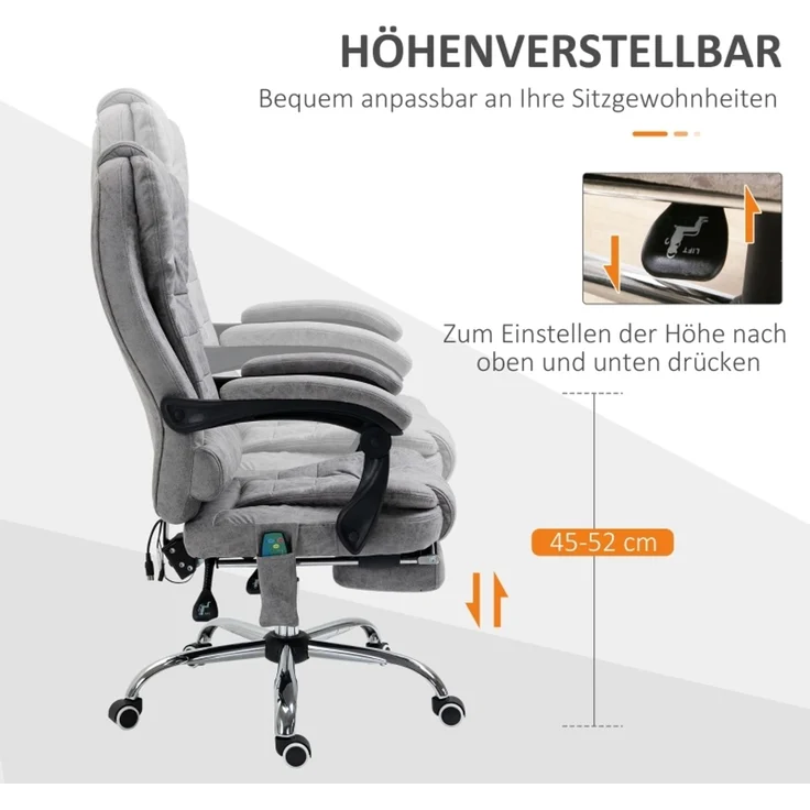 Bürostuhl mit Massagefunktion, Ergonomischer Schreibtischstuhl mit Liege- & Wärmefunktion, Fernbedienung, Grau--Grau--65x70x119cm--YOUDENOVA – Bild 5