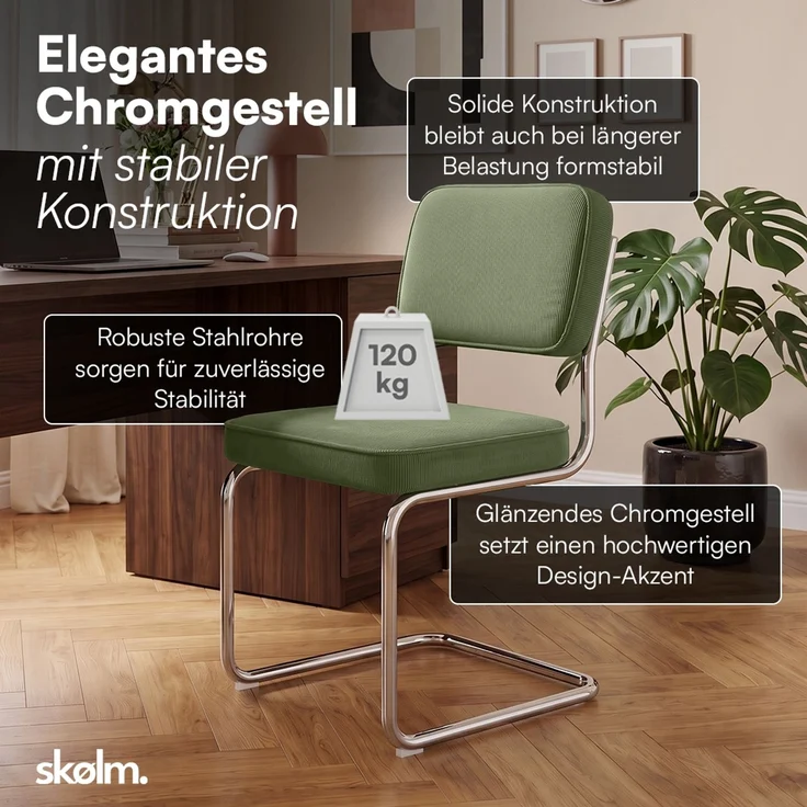 skølm 'Thund' Esszimmerstühle 2er Set, dunkelgrün, Polsterstuhl aus Cord mit verchromten Metallgestell, Schwingstuhl bis 120 kg belastbar – Bild 4
