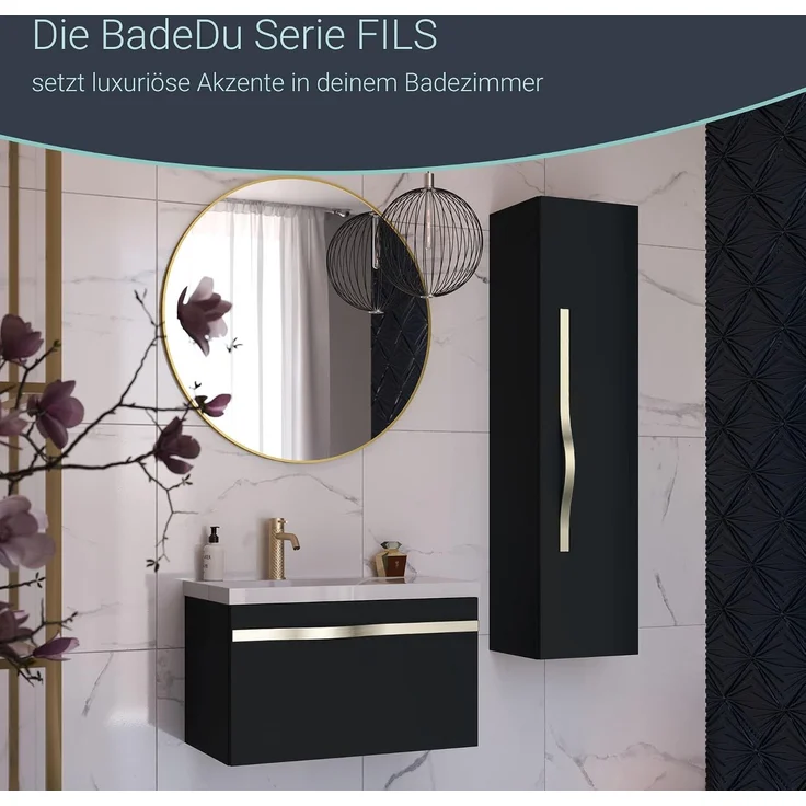 BADEDU FILS Hochschrank 33 cm breit, Schwarz, Griff Silber – Bild 7