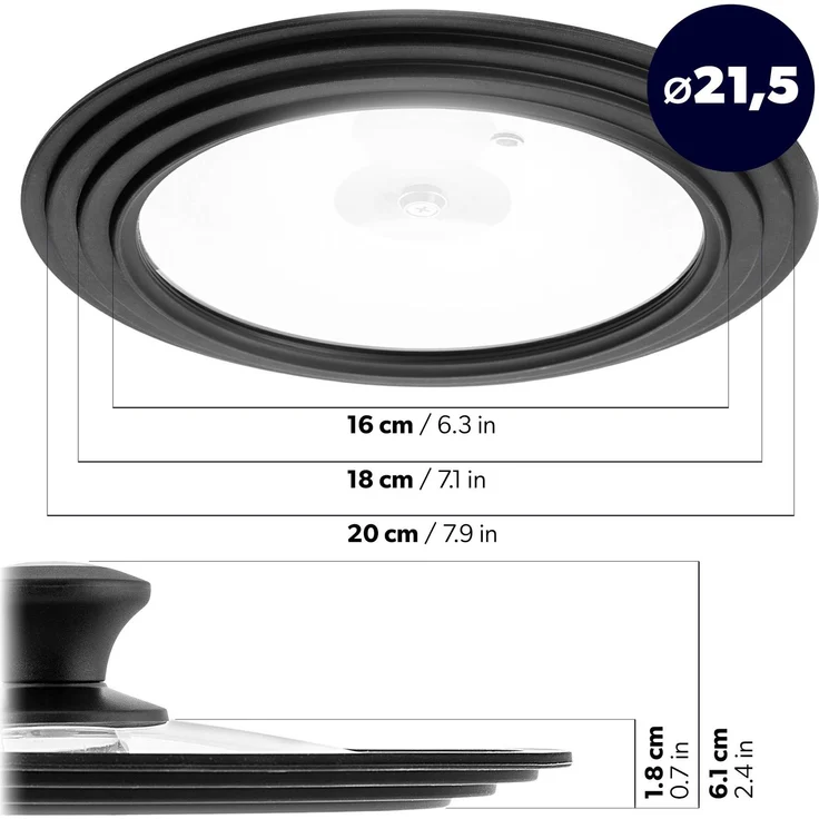 KADAX Universaldeckel 16/18/20 cm, Universal Deckel für Töpfe & Pfannen, Pfannendeckel, Glasdeckel mit Silikonrand und Dampfloch, Topfdeckel (Schwarz/Silber) – Bild 2