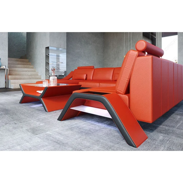 Sofa Dreams - XXL Wohnlandschaft Calabria – Leder Luxus - Ledermix - orange-schwarz - Links – Bild 6