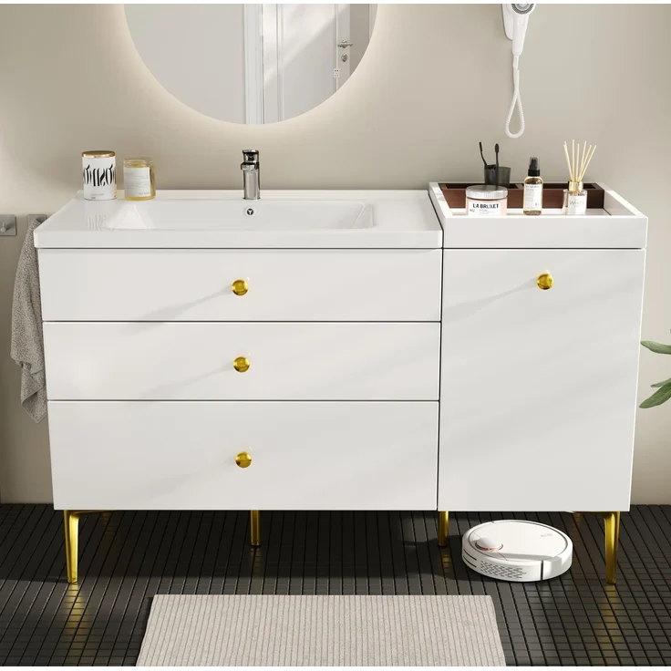 Waschtischunterschrank 120 x 47,5 x 80 cm mit Keramikwaschbecken – Badezimmerschrank in Weiß mit goldfarbenen Griffen – Bild 4