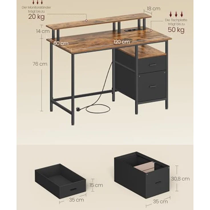 VASAGLE Gaming-Schreibtisch, mit Schubladen aus Stoff, Computertisch mit Bildschirmhalterung, Mehrfachsteckdose, 2 USB-Anschlüsse, für Heimbüro, 120 x 60 cm, rustikales Braun LWD093K01V1 – Bild 5