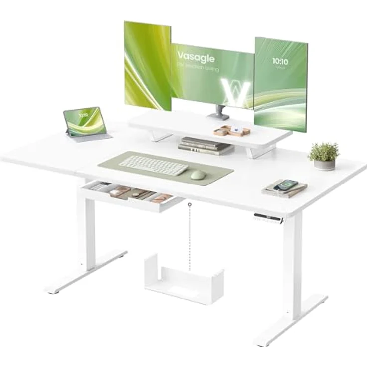 VASAGLE Höhenverstellbarer Schreibtisch, 140x70 cm, flexibel montierbarer Monitorständer, Schublade, USB-C-Anschluss, Erinnerung bei langem Sitzen, für Büro, wolkenweiß LSD154WB01 – Bild 2