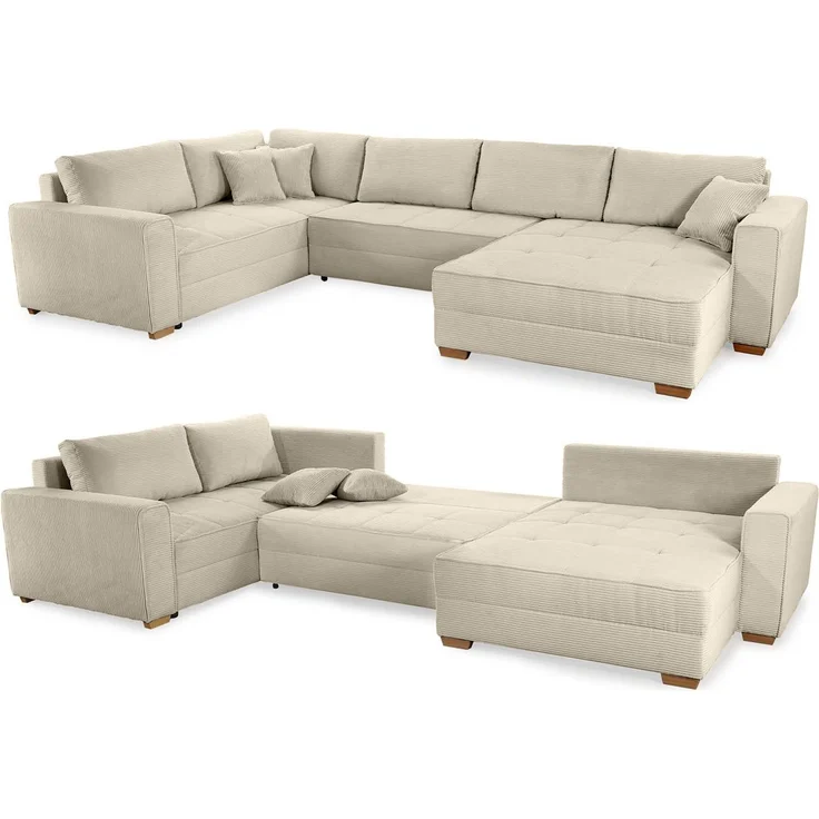 Wohnlandschaft U-Form Sofa Schlaffunktion Couch Bettkasten Cord in Grau Beige – Bild 9