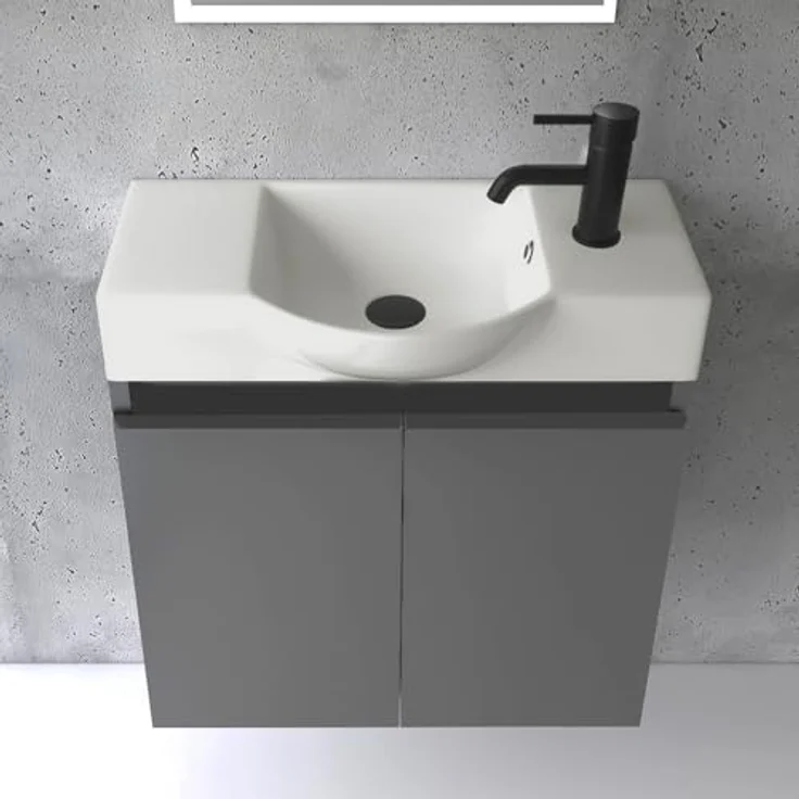 Alpenberger Badmöbel-Set Gäste WC Waschbecken mit Unterschrank 55 cm Breit, (Waschbecken Eckig Oval, Midi Schrank), Waschbeckenunterschrank Anthrazit Matt – Bild 4