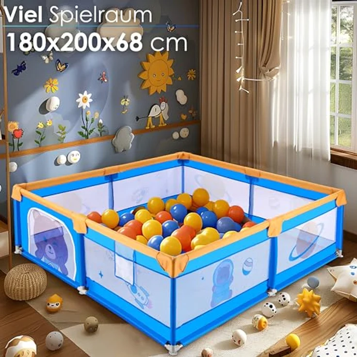 Ecosa Laufgitter, Teddybären-Raumschiff-Design, Blau, Kunststoff, Rechteckig, 180x68x200 cm, CE, mit Einstiegstür und Hängetasche für Spielzeug – Bild 2