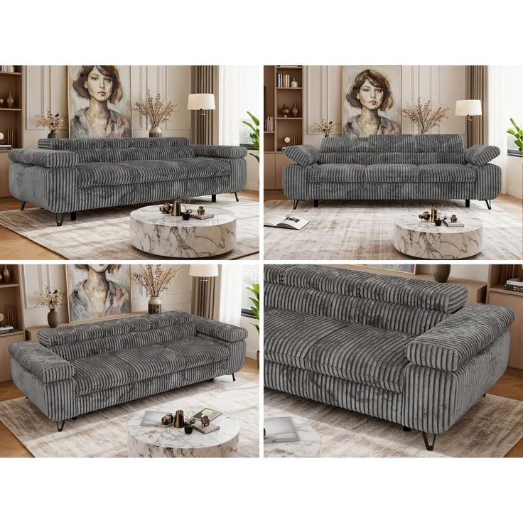 3-Sitzer Polstersofa PETER, verstellbaren Armlehnen und Kopfstütze, breite 262 cm, Gepolsterte Couch, Wellenfeder - Dunkelgrau Cord – Bild 2