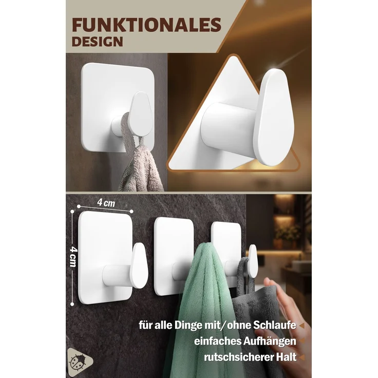 Lindenstein Ovale Klebehaken 6er-Set Weiß – Edelstahl V2A, 3M-Klebepads – Bild 3