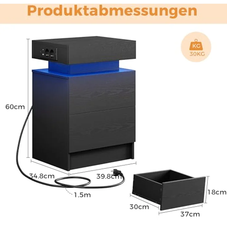 IRONCK Nachttisch 2er Set, Nachtschrank mit Ladefunktion, LED, 40x35x60 cm | Beistelltisch mit 2 Schubladen, schlafzimmer möbel mit Steckdosen, USB & USB-C, für Wohnzimmer, Nachtkommode 2er set Schwarz – Bild 3