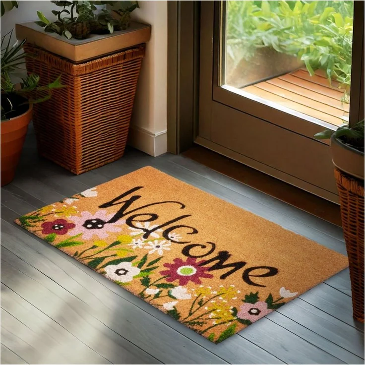 BRUBAKER Fußmatte Blumen und Pflanzen - 45x75 cm Schmutzfangmatte - Kokos Fußabtreter, Rechteckig, Höhe: 16 mm, Antirutsch Türmatte für Außen und Innen - Wetterfest und Rutschfest – Bild 1