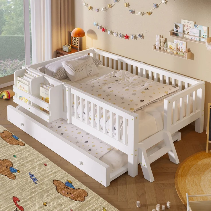 ZUBALIYA Holzbett 90 x 200 cm – Ausziehbett, flexible Montage, Geländer, MDF, Kiefer, Weiß – Bild 1