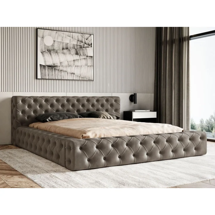 GRAINGOLD Palini Polsterbett 180x200, mit gepolstertes Kopfteil, gestepptes Bett, Bettkasten, Velour-Stoff, Braun – Bild 1