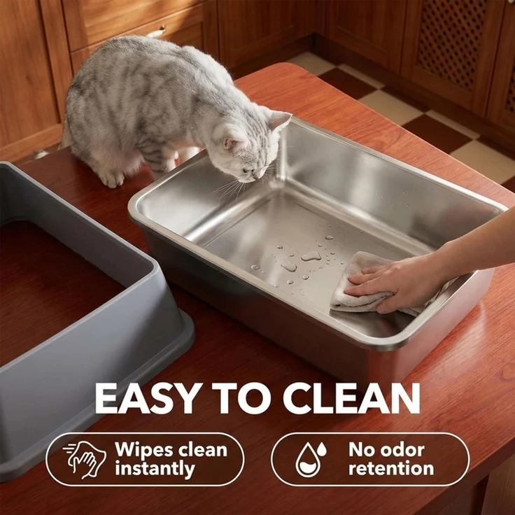Halupeit Geschlossene Edelstahl-Katzentoilette in XXL-Größe, geräumiger Innenraum, hohe Wände verhindern das Verschütten von Streu, inklusive Schaufel, Dunkelgrau, 61.3 x 40.8 x 29.8 cm – Bild 3