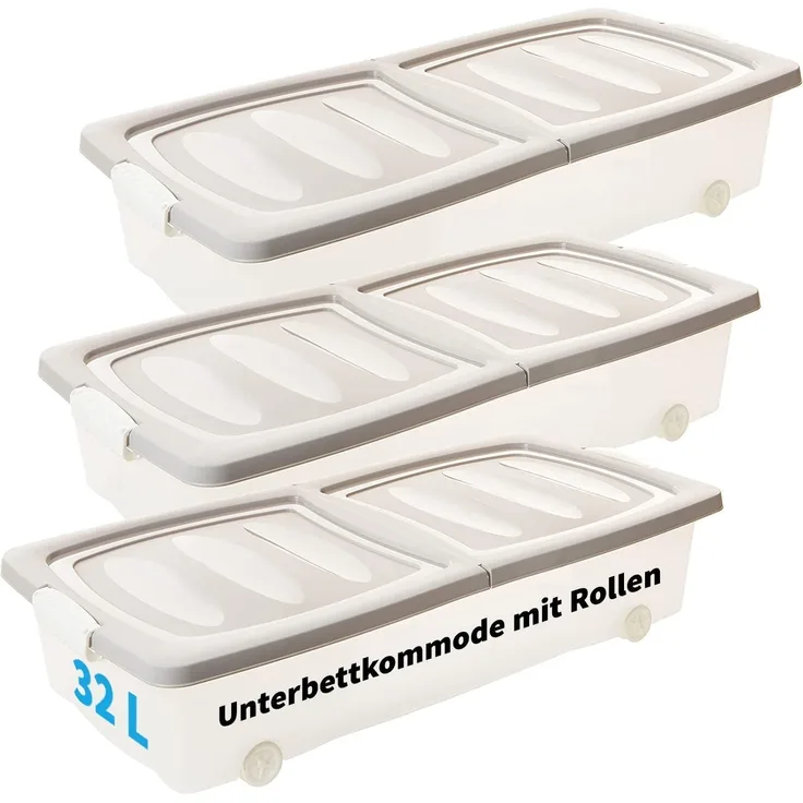 Centi Aufbewahrungsbox Flache Unterbettbox mit Rollen und Deckel, transparent (3er-Set)