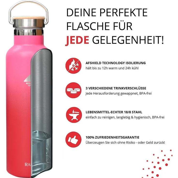 RAIKOU Isolierflasche Edelstahl Trinkflasche Vakuumisolierte Wasserflasche Thermoflasche, bis zu 12H heiß / 24H kalt,mit 2 Deckel,350ml/500ml/750ml/1000ml – Bild 4
