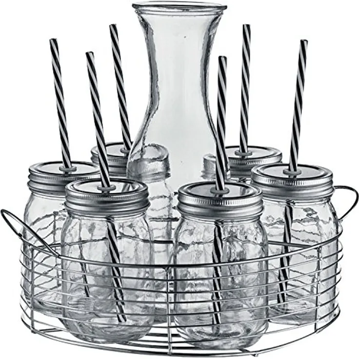 Zeller Present Karaffe Gläserset mit Glaskaraffe 8-teilig, (1 Glaskaraffe, 6 Trinkgläser mit Deckel und Strohhalm, 1 Metallkorb), Trinkgläser mit Deckel und Trinkhalm