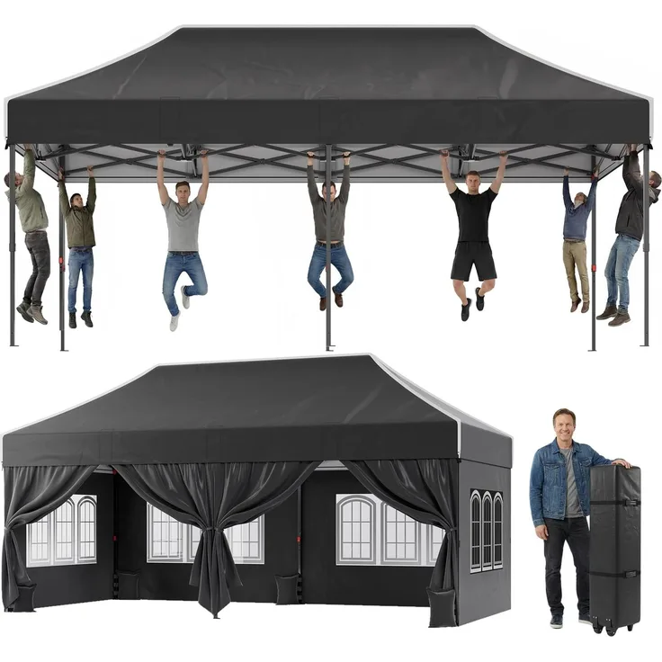 JUMMICO 3x6 m Schwerlast-Faltpavillon für Extremes Wetter｜Spitzdach & 110g silberbeschichtetes Oxford｜Verstärkte Klettfixierung｜Mehr Stauraum & Stabilität