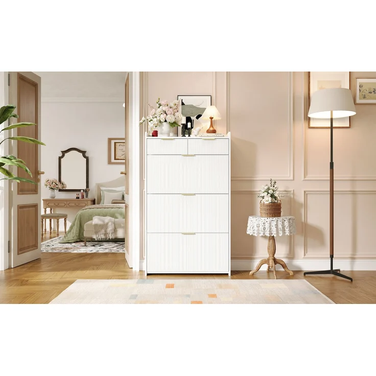 ZUBALIYA Schuhschrank (80 x 25 x 135 cm), 3 Klappfächer und 2 Schubladen, Aus Spanplatte, Stauraum für Flur und Eingangsbereich, Weiß – Bild 20