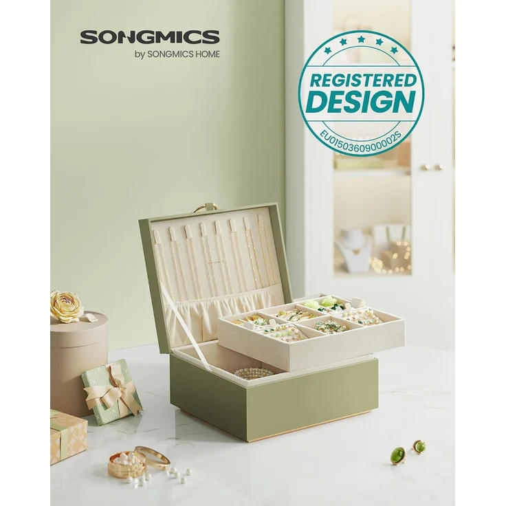 SONGMICS Schmuckkästchen 2 Ebenen, Schmuckkasten mit Griff, flexibles Schmucktablett, Schmuckbox, Schmuckaufbewahrung, schwebender Effekt, 20,5 x 24 x 11 cm, Weihnachten, lorbeergrün JBC165C02 – Bild 3