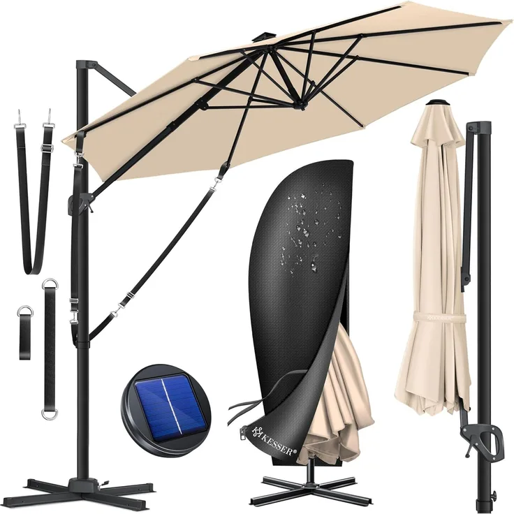 KESSER® Sonnenschirm Ampelschirm SUN Rund XL Ø330 cm Inkl. Abdeckung + Windsicherung 7-Fach Verstellbar Neigbar Kippbar Groß 360° Drehbar Gartenschirm mit Kurbel Sonnenschutz UV50+ Beige