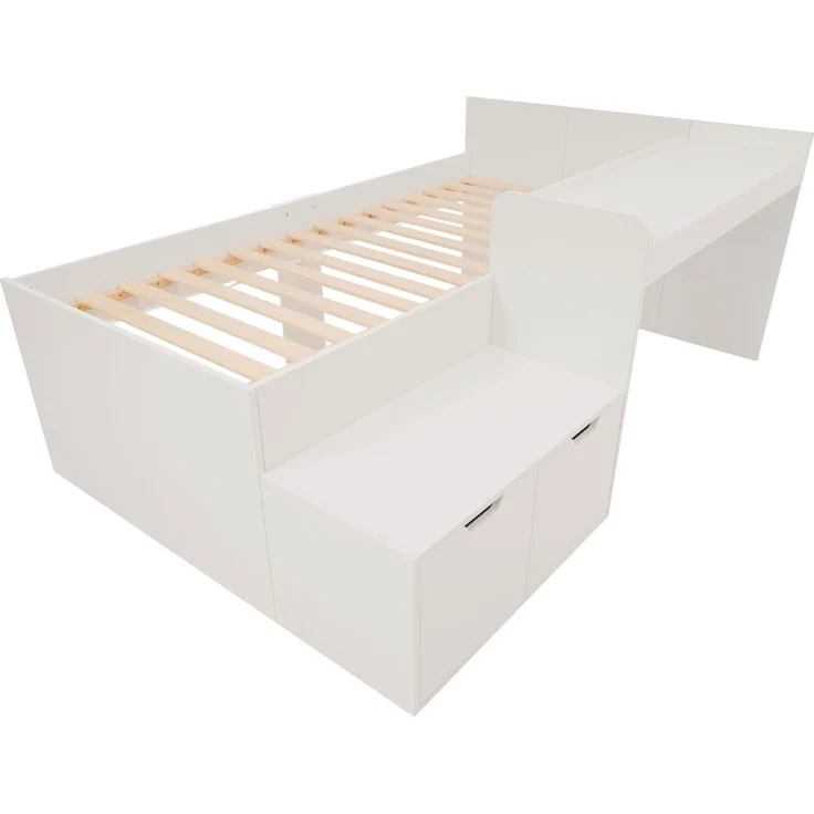 Kinderbett mit Schreibtisch & 2 Schubladen, Kiefer-Massivholz/MDF, 137x205x82,5 cm, Weiß, ohne Matratze – Bild 8
