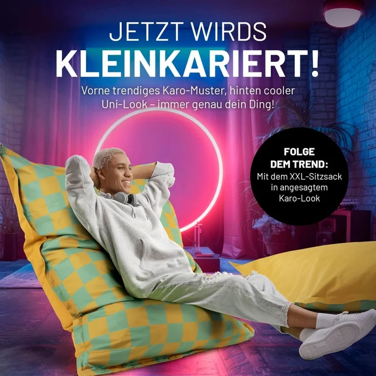 Lumaland 'Karo' Sitzsack XXL für Outdoor & Indoor, Polyester, Gelb/Pastellgelb, 380 l – Bild 4