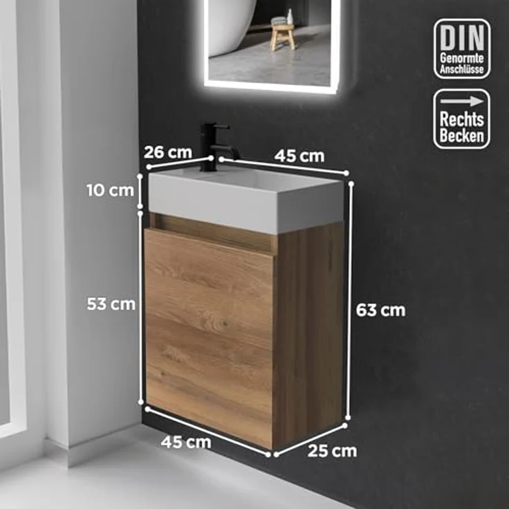 Alpenberger Badmöbel-Set Gäste WC Waschbecken mit Unterschrank - Badschrank Hängend, (Gäste WC Möbel Bamboo Farbe, Waschtisch mit Unterschrank Klein), Waschplätze für Kleine Bäder - Badschrank Hängend und Vormontiert – Bild 7