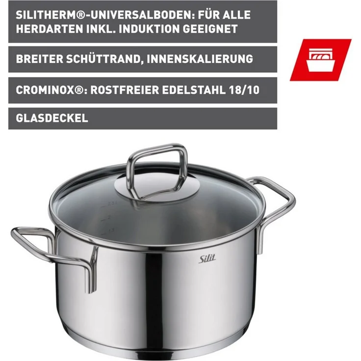 Silit Kochtopf Extra Cook, mit Glasdeckel, Edelstahl 18/10 (2-tlg), SiliTherm Universalboden, induktionsgeeignet, spülmaschinengeeignet – Bild 2