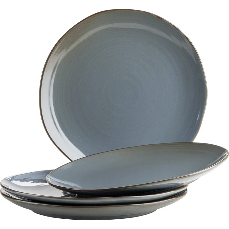 4er Teller Set mit filigranem Linienspiel und edler Glasur, Speiseteller aus Keramik in modernem Vintage Look; Blau / Grau – Bild 1