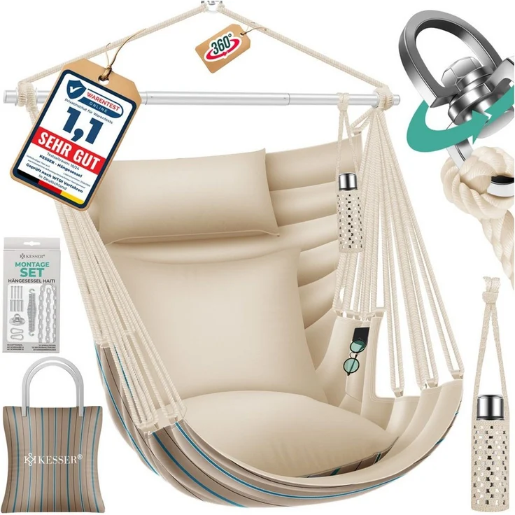 KESSER® Hängesessel Haiti 150kg Traglast, Hängestuhl 360° Drehung, Hängeschaukel Indoor-Outdoor UV-beständig & Wasserfest, Pflegeleicht, Inkl. 2 Kissen, Tragetasche, Flaschenhalter & Montage-Set Cappuccino – Bild 1