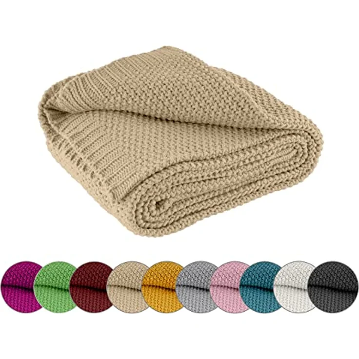 wometo Strickdecke Beige, 140x190 cm, Oeko-Tex® zertifizierte Kuscheldecke aus 100% Polyacryl, pflegeleicht und waschbar – Bild 1