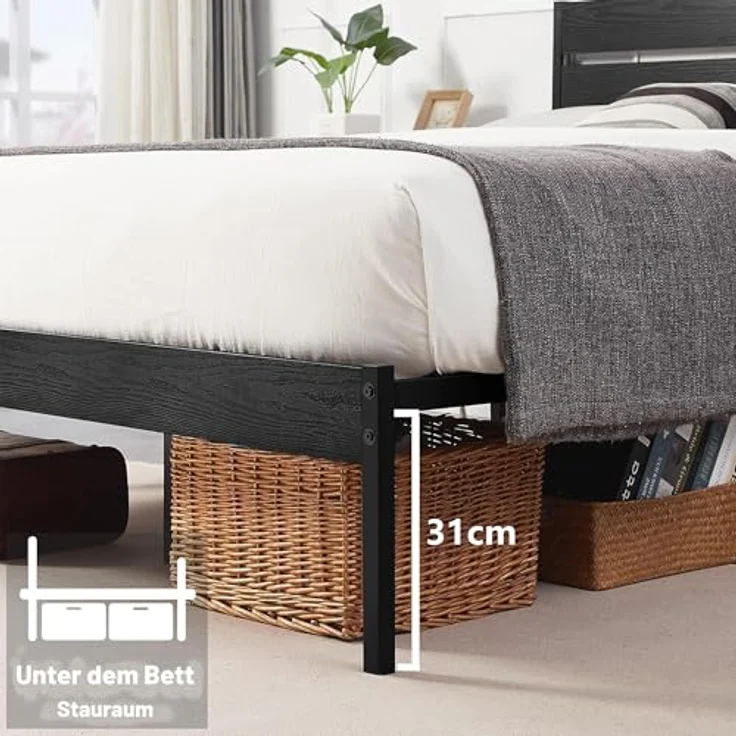 VECELO 2er-Set Bettgestelle 90x200 cm, Einzelbetten mit dickem Holzkopfteil und Metall Lattenrost, stabil und geräuschlos mit 31 cm Stauraum, Industrial Design für Schlafzimmer, Schwarz – Bild 7