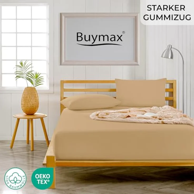 Buymax Spannbettlaken Boxspringbett 180x200-200x220 cm, 100% Baumwolle Jersey, 160 g/m², Oeko-TEX, für hohe Matratzen, Sand – Bild 2