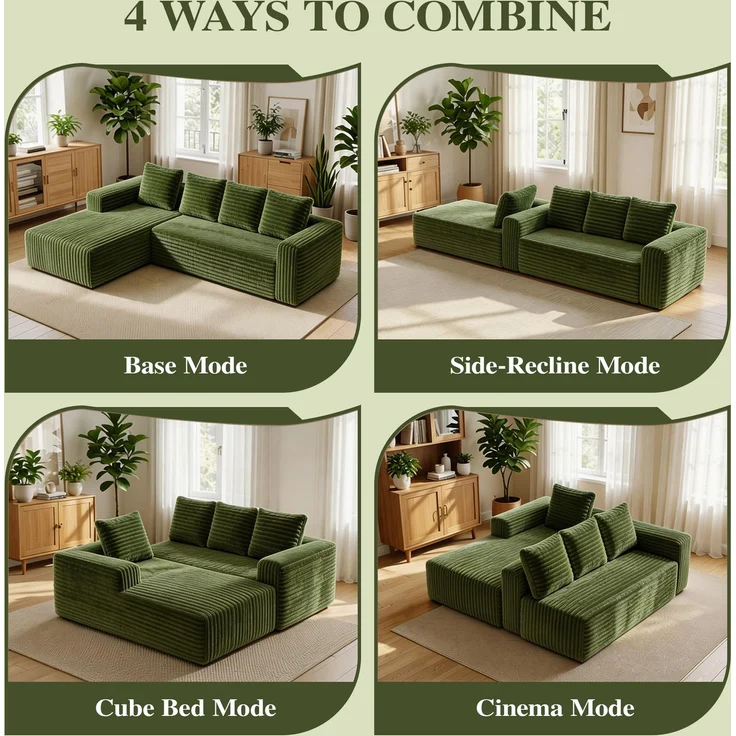 ZUBALIYA Sofa, modular kombinierbar, H 58 × T 168 × B 261 cm, Grün, Cord – Bild 24