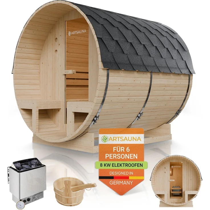Artsauna Outdoor Fasssauna Spitzbergen 220 für 6 Personen und zwei Bänken - 8 kW Ofen, Saunasteine & Zubehör - Saunafass aus Fichtenholz - Außensauna Gartensauna – Bild 1