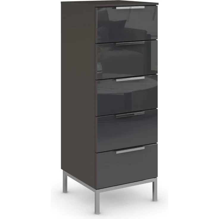 Rauch Möbel Flipp, Nachttisch für Schlafzimmer, Kinderzimmer, Wohnzimmer, Flur, Garderobe, 5 Schubladen, mit Softclose Funktion, Griffe und Metallkufe Chrom, Farbe Glas Basalt, Schwarz, Breite 40 cm
