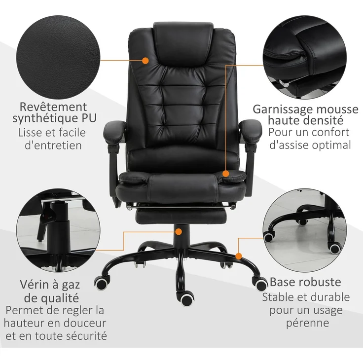 Massage-Bürosessel, Bürostuhl, ergonomischer Stuhl mit Höhenverstellung, neigbarer Rückenlehne und kabelgebundener Fernbedienung, ausziehbarer und um 360° drehbarer Fußstütze, schwarz – Bild 10
