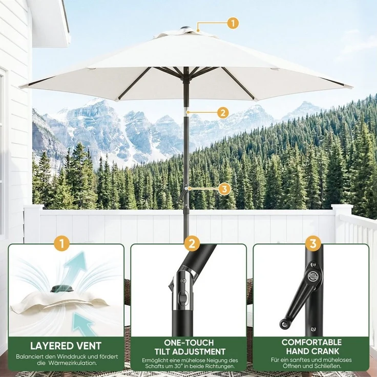 Sekey Sonnenschirm 200 cm Gartenschirm Rund Marktschirm Knickbar mit Kurbel, LxB: 200x200 cm, Windstabil & neigbar, ideal für Balkon, Garten & Terrasse, UV 50+ – Bild 2