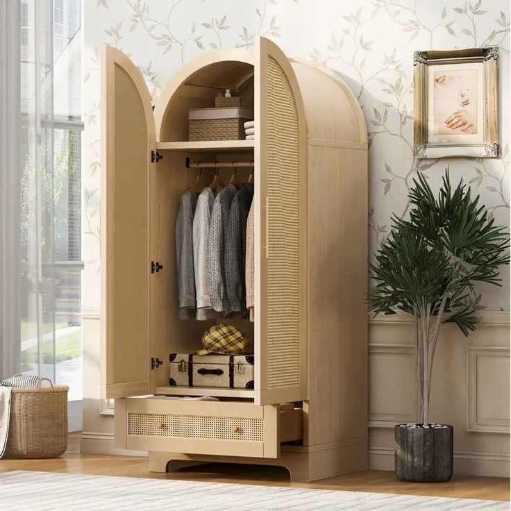 MODFU Kleiderschrank Doppeltüriger Schrank 70x55x170 cm, Mehrzweckschrank (Aufbewahrungsschrank mit Rattanstruktur, Schubladen und Ablagefächern für moderne Zuhause) Garderobenschrank Mehrzweckschrank