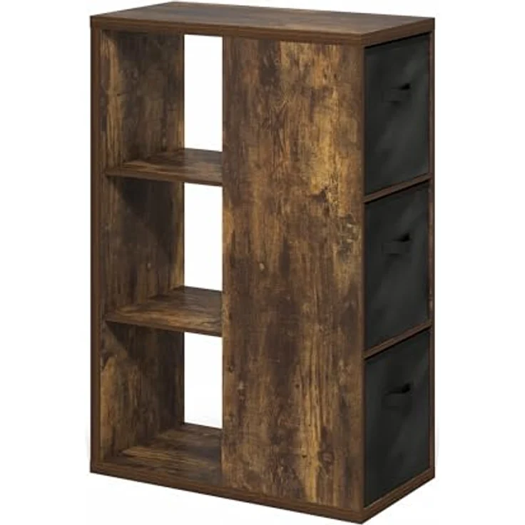 Furinno Viola 3-stöckiges Offenes Regal, Bücherregal, Aufbewahrungsorganizer mit Aufbewahrungsboxen, Amber Pine/Schwarz – Bild 7