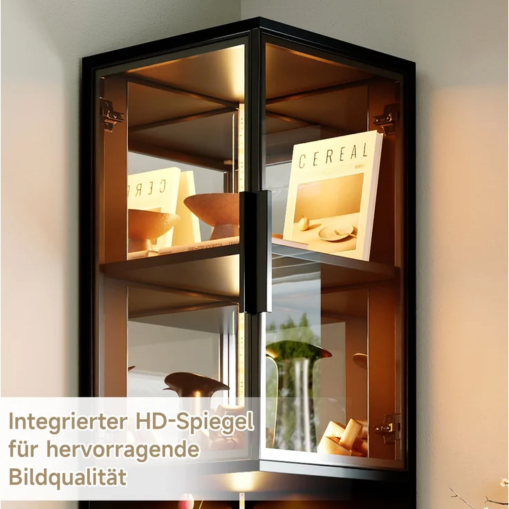 LED-Vitrine mit Glastüren & Spiegelrückwand, 42x44x205 cm, Schwarz – Bild 7