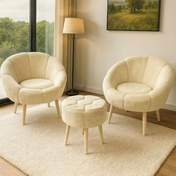Hanah Home Elegantes Ohrensessel- und Pouf-Set (3-teilig), Creme, 100% Wellssoft-Stoff, 18 mm Melaminplatte | Perfekt für gemütliche Wohnräume – Bild 4