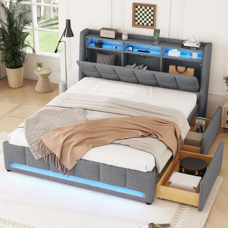 Polsterbett 140×200 cm aus Leinen-Stoff mit LED-Beleuchtung und USB-Ladebuchse, grau – Bild 1