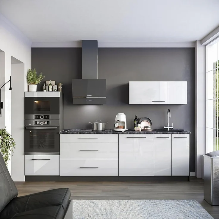 Küchenzeile Fame-Line Weiß Hochglanz/Anthrazit 280 cm, AP Marmor Vicco – Bild 3
