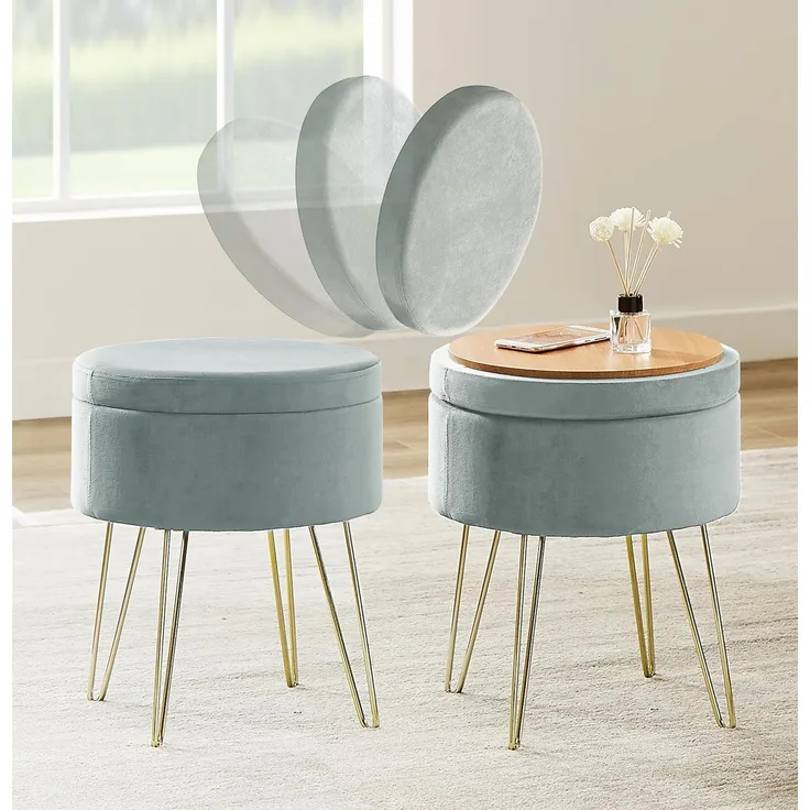 Zedelmaier Runder Sitzhocker Schminktisch Hocker Ottoman Gepolsterter Hocker Abnehmbarer Bezug Metallstütze (Helle Graublau)…
