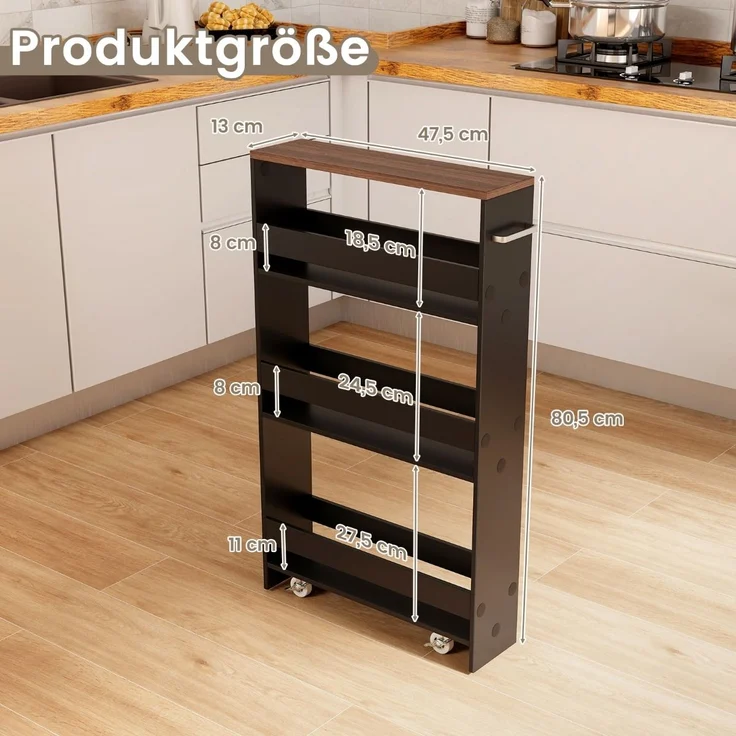 4 Ebenen Nischenregal auf Rollen aus Holz mit Griff Küchenwagen 48 x 13 x 81 cm Schwarz + Braun – Bild 3
