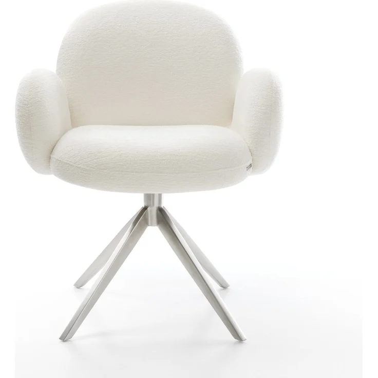 Drehstuhl Nube-Flex mit Armlehnen Bouclé Soft Beige Kreuzgestell breit Edelstahl 360° drehbar Taschenfederkern – Bild 2
