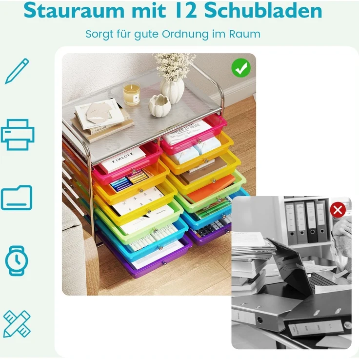 Rollwagen mit 12 Stapelbaren Schubladen & Ablagefläche Schubladenwagen Rollcontainer Badrollwagen Transparentes Bunt – Bild 3