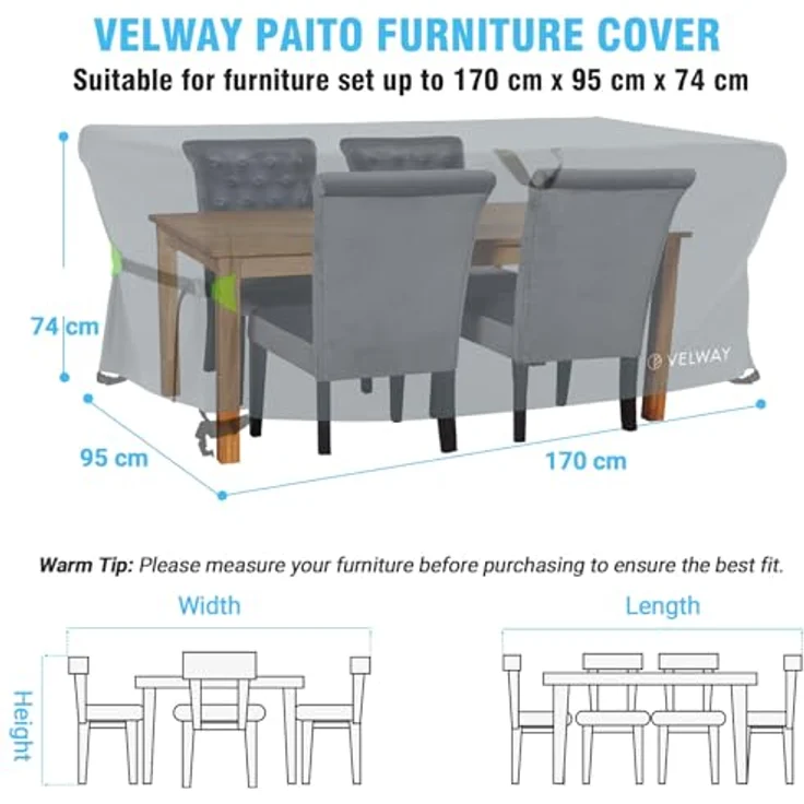 Velway Abdeckung Gartenmöbel Wasserdicht 170 x 95 x 74 cm - Rechteckig Schutzhülle Winddicht Loungemöbel Abdeckung Abdeckhauben für Gartentische Sitzgruppe Terrassenmöbel - Grau – Bild 7